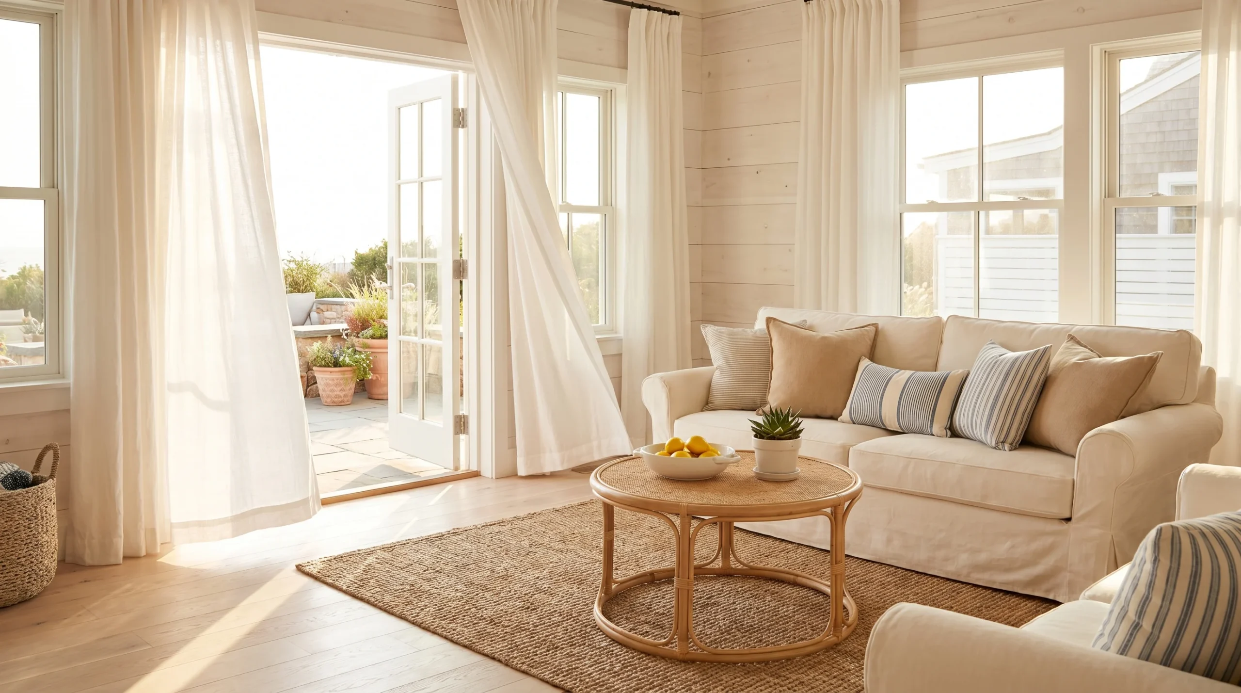 Sunlit coastal living room featuring a cream sofa, sheer white curtains, rattan coffee table, and woven jute rug.