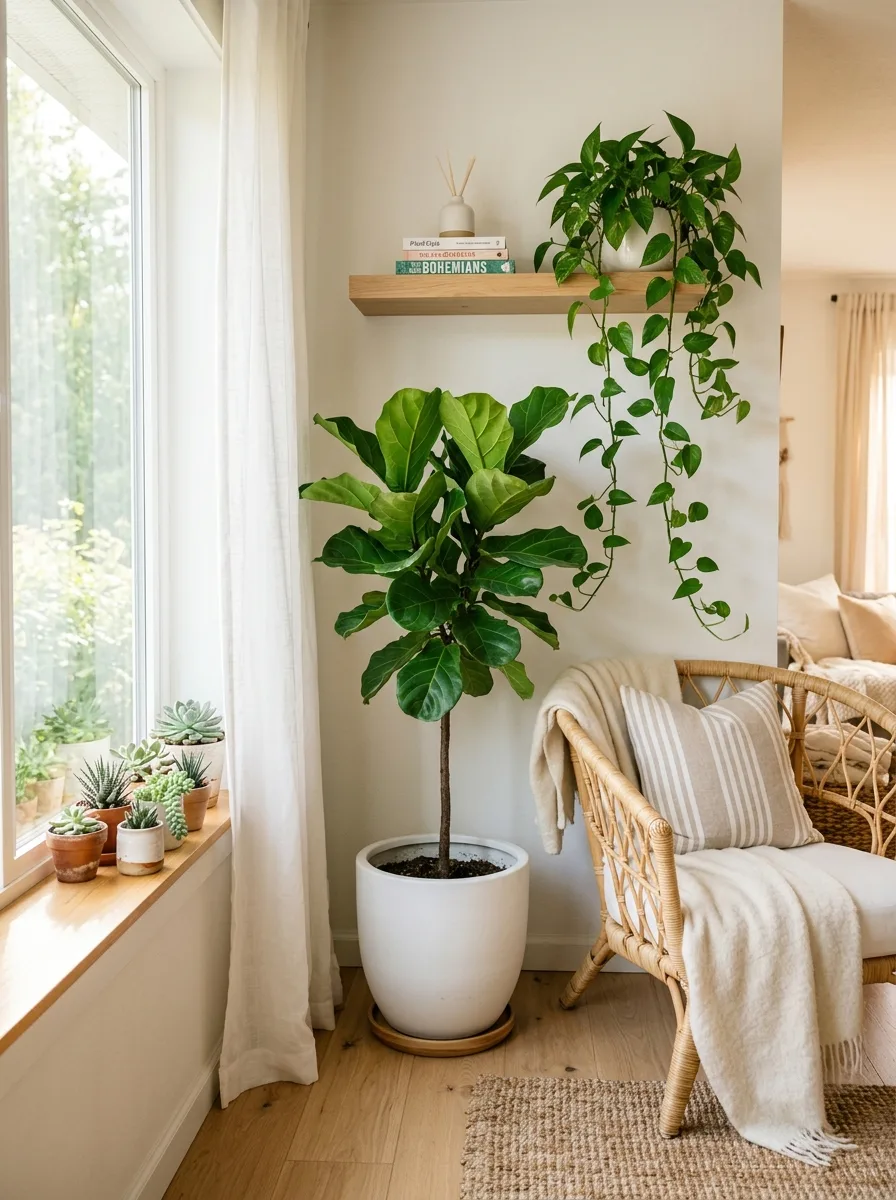 Sunlit living room corner with fiddle leaf fig, hanging pothos, rattan chair, and light neutral decor.