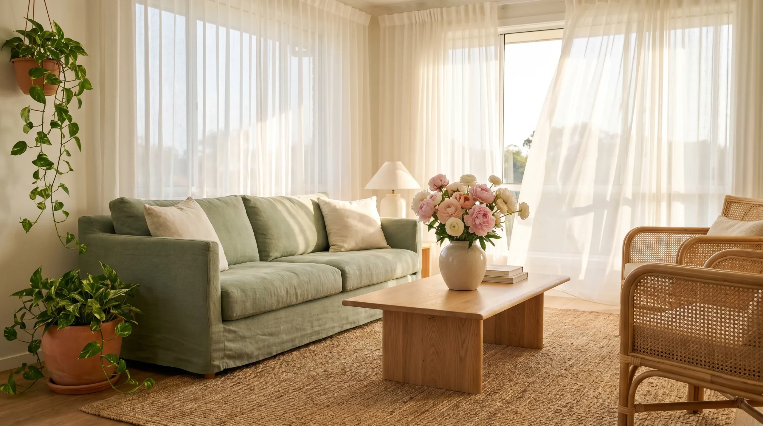 Sunlit living room with sage green sofa, sheer curtains, wood coffee table, jute rug, flowers, and indoor plants.