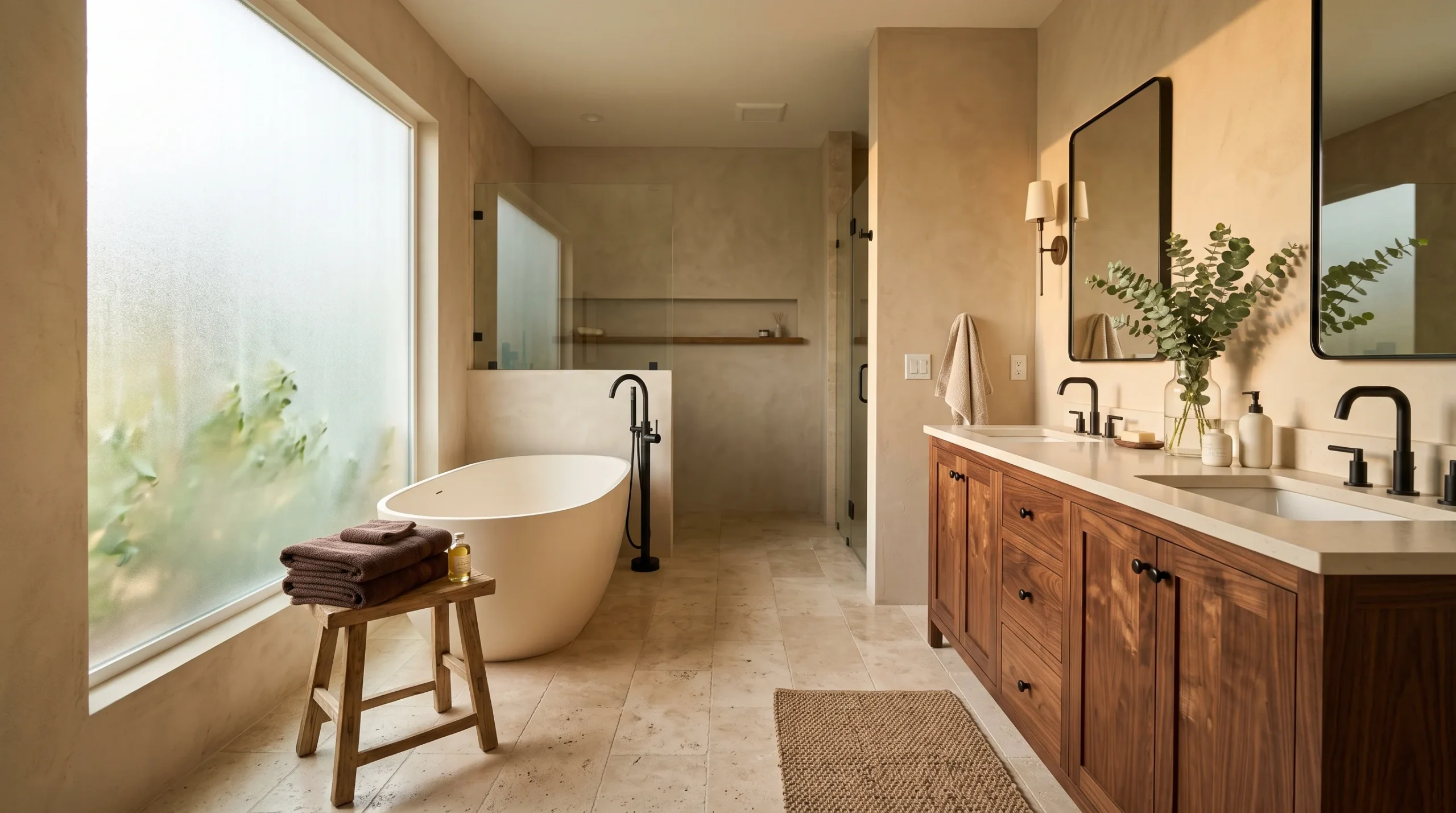 A luxury bathroom styled with Brown and Beige Bathroom Ideas featuring walnut vanity and travertine tiles