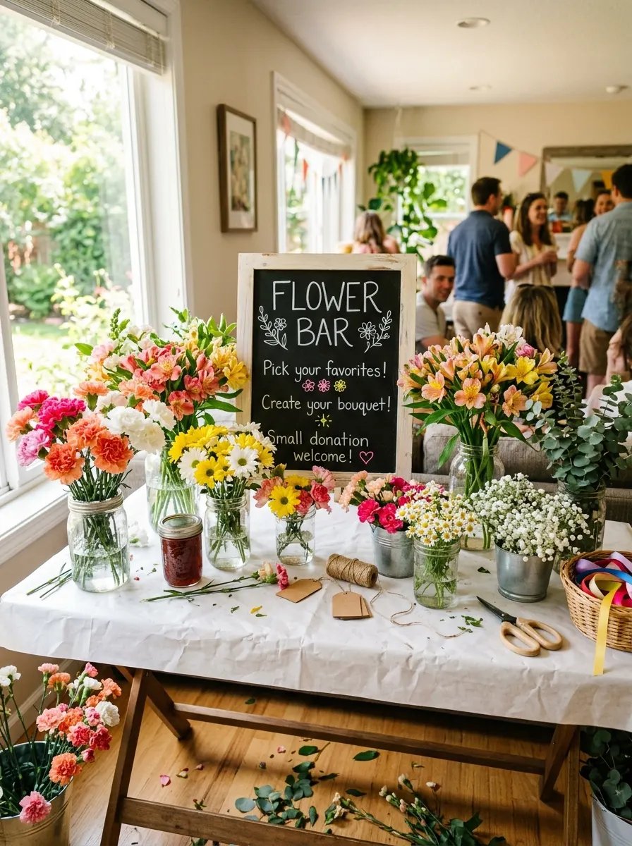 Budget flower bar ideas with carnations, daisies, and baby's breath in mason jars on a white paper tablecloth table