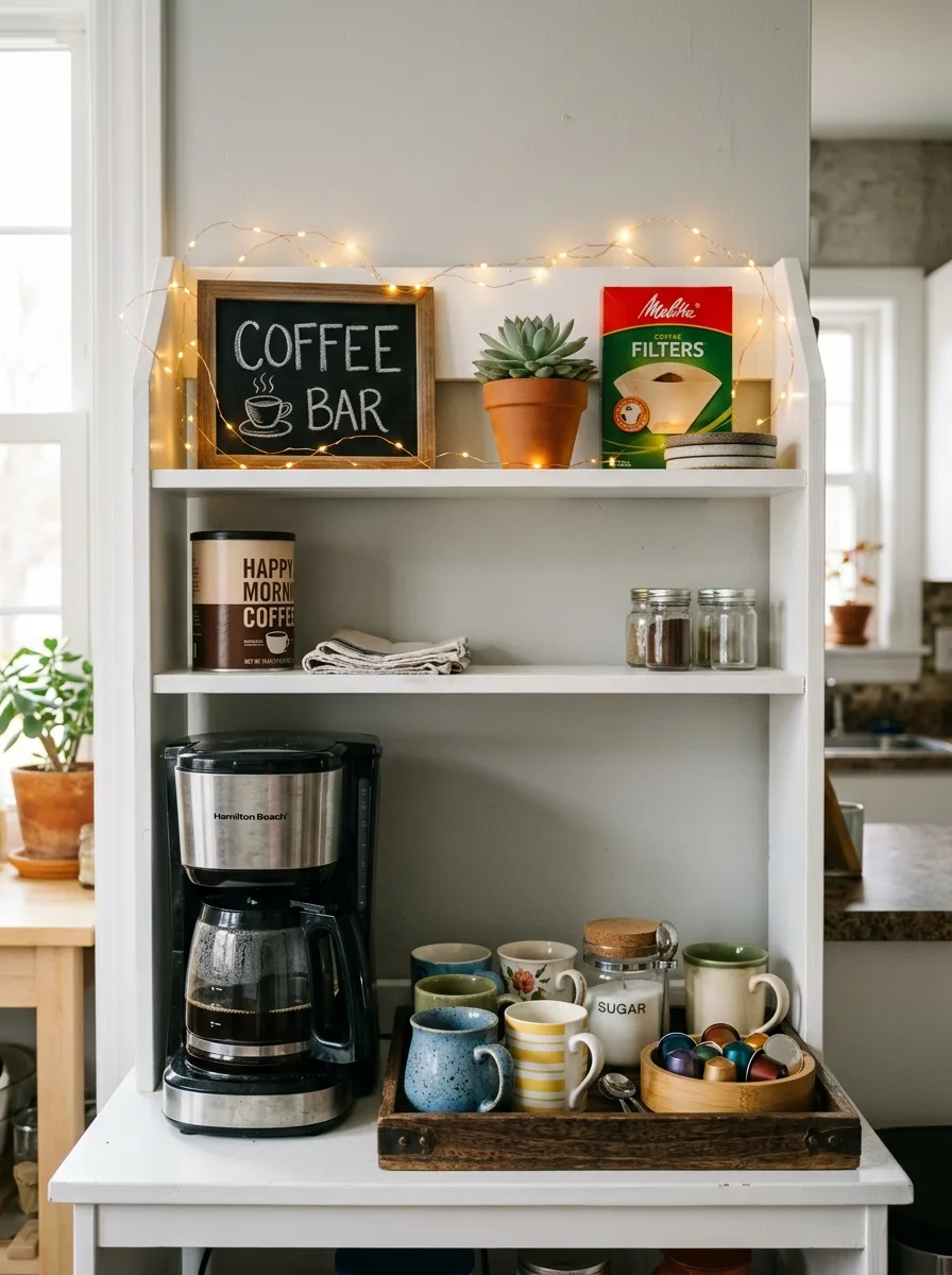 Budget-friendly coffee bar ideas on a white shelf with drip coffee maker, mismatched mugs, wooden tray, and warm fairy lights