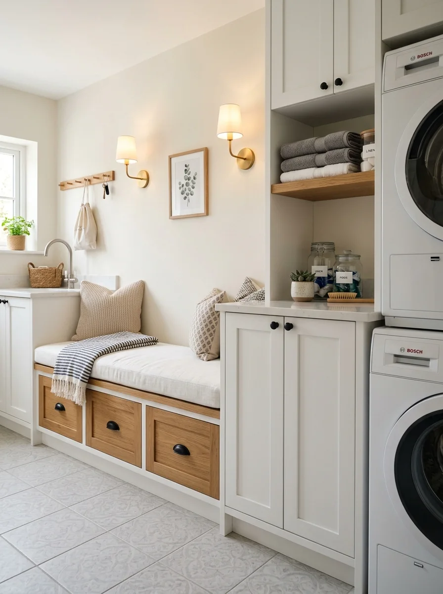 Built-in bench with pull-out drawers in compact laundry room — small laundry room ideas for hidden storage