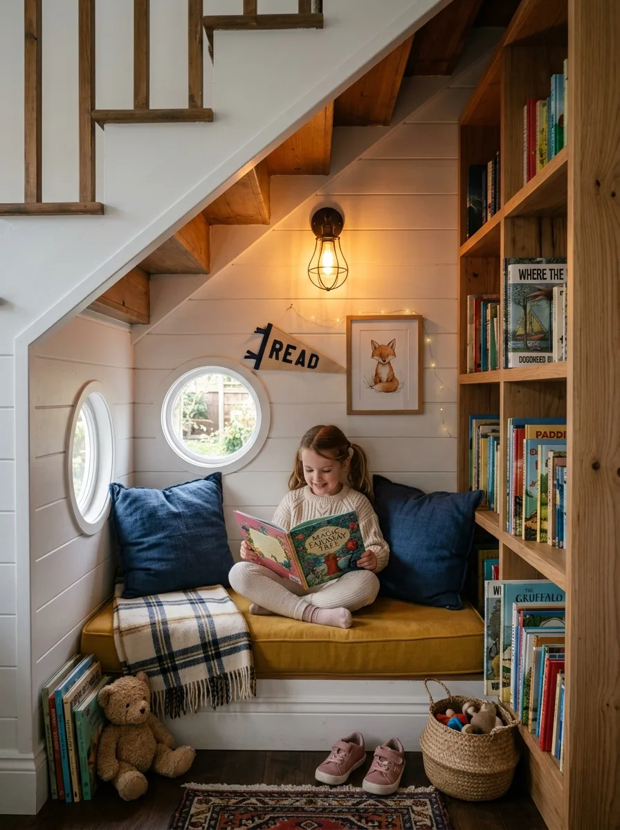 Cozy built-in reading nook with mustard cushion, navy pillows, and Edison bulb in a kids bedroom