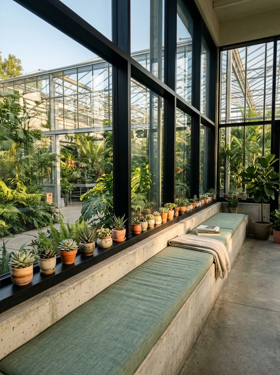 Built-in concrete seating ledge along glass wall in greenhouse layout with sage cushion, succulents and afternoon golden sunlight