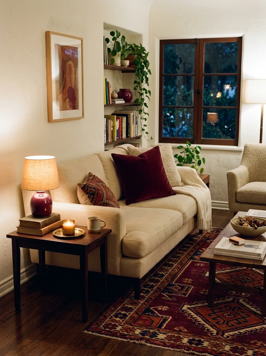 Burgundy velvet cushion, ceramic lamp, and vintage kilim rug adding rich color to a cream living room