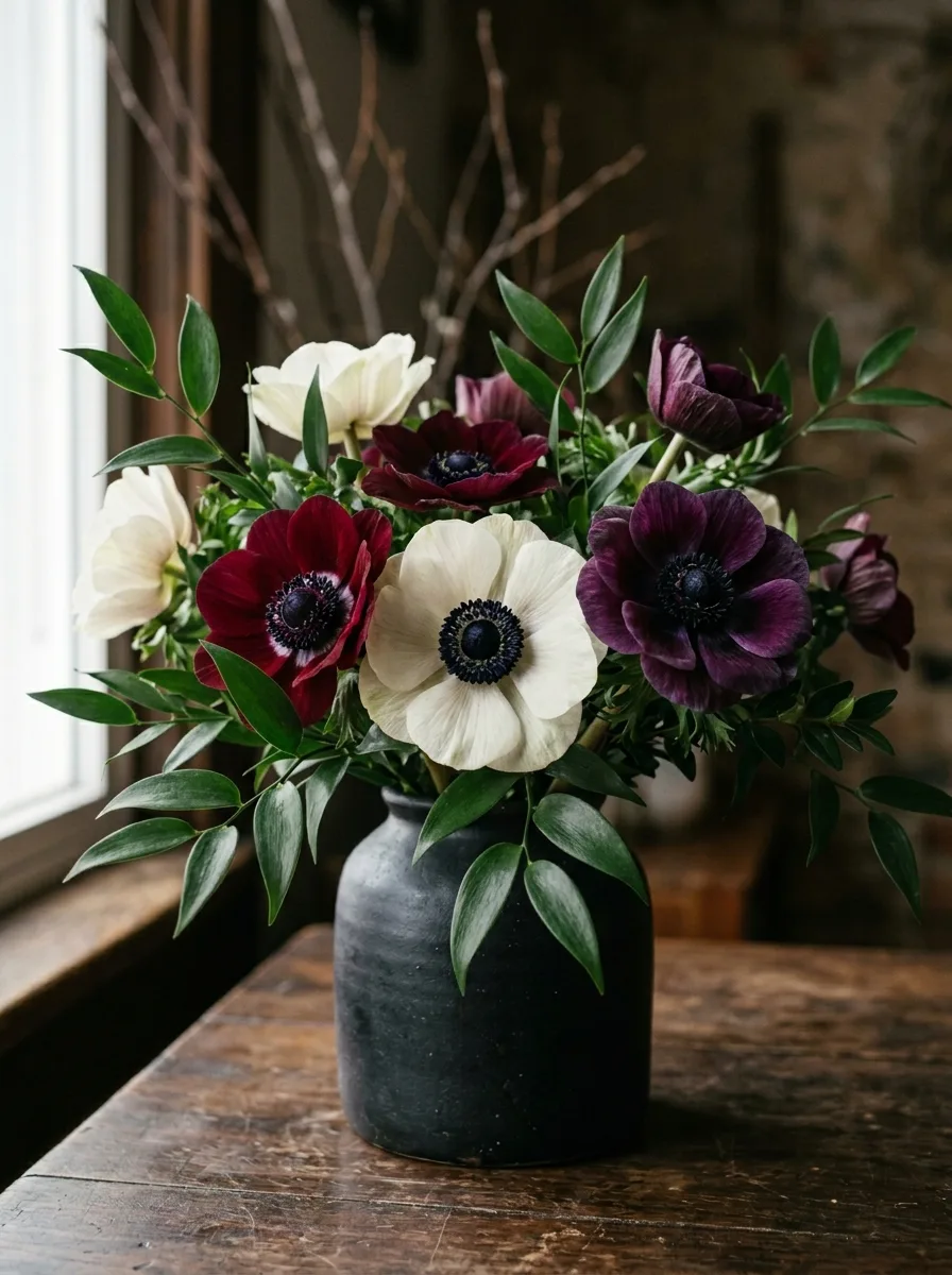 Black ceramic vase filled with burgundy and white anemones and green foliage on a dark wooden tabletop.