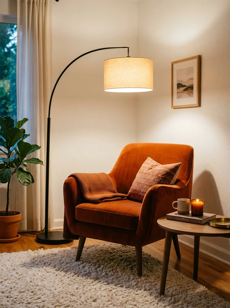 Burnt orange velvet curved armchair on cream shag rug with arched floor lamp in a white living room