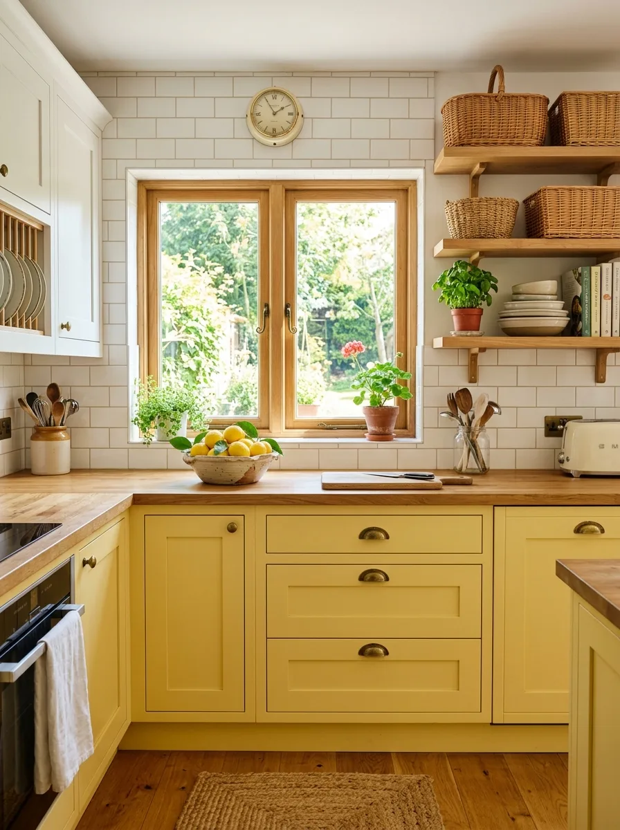 Butter yellow shaker lower cabinets paired with white uppers in a sunny neutral kitchen