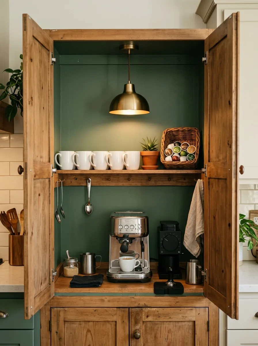 Coffee bar makeover inside a repurposed cabinet painted sage green with white mugs, wicker pod basket, espresso machine, and gold pendant light.