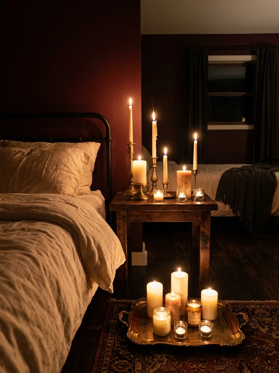 17 Dark Elegant Bedroom Ideas That Feel Cozy, Not Heavy 17 Lit candles in brass holders and pillar candles on wooden nightstand beside cream bedding against deep burgundy bedroom wall at evening