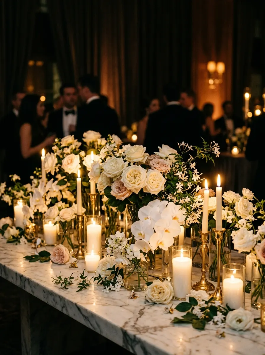 Elegant flower bar ideas with garden roses and orchids displayed among gold candleholders on a marble table at night