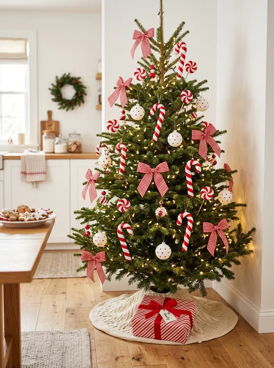 Christmas tree decorated with candy canes, red gingham bows, and white ornaments in a cheerful kitchen setting.
