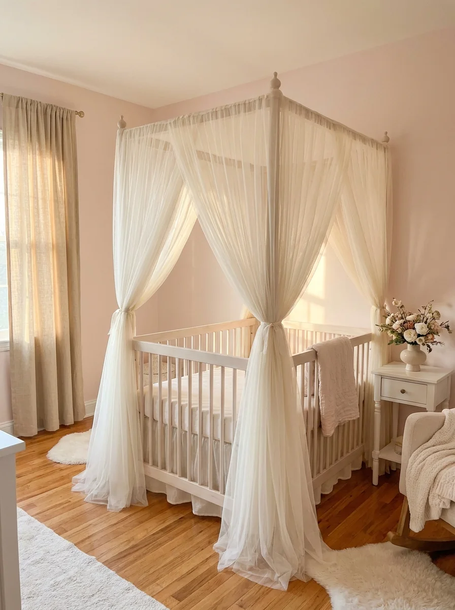 14 French-Inspired Nursery Ideas That Never Feel Outdated 4 Ivory canopy crib with sheer tulle draping in a pink-walled French-Inspired Nursery Ideas room