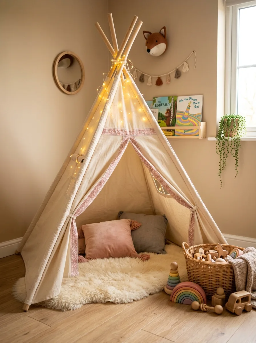Natural canvas teepee with fairy lights and faux fur rug in a cozy kids bedroom play corner