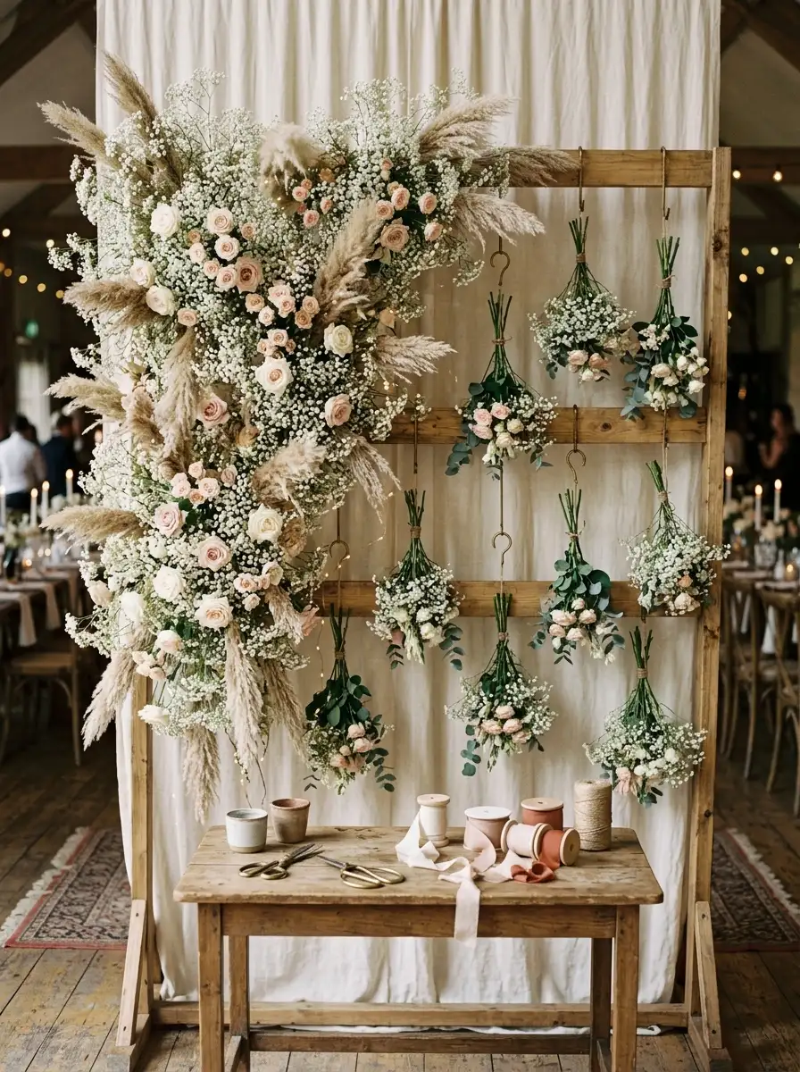 DIY flower bar ideas featuring a cascading bloom wall with gypsophila and spray roses hanging from a wood pallet frame