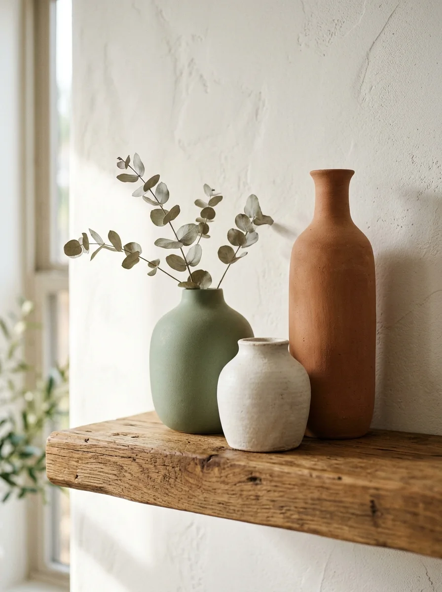 Decorative ceramic vases in earthy tones displayed on a rustic wooden shelf with eucalyptus stems against a textured wall.