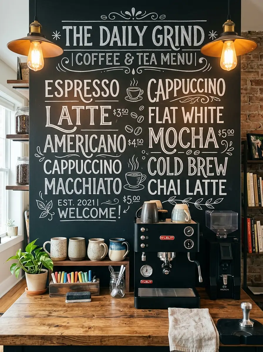 Home coffee bar with chalkboard-painted wall, hand-lettered chalk menu, matte black espresso machine, and ceramic mugs on wooden counter.