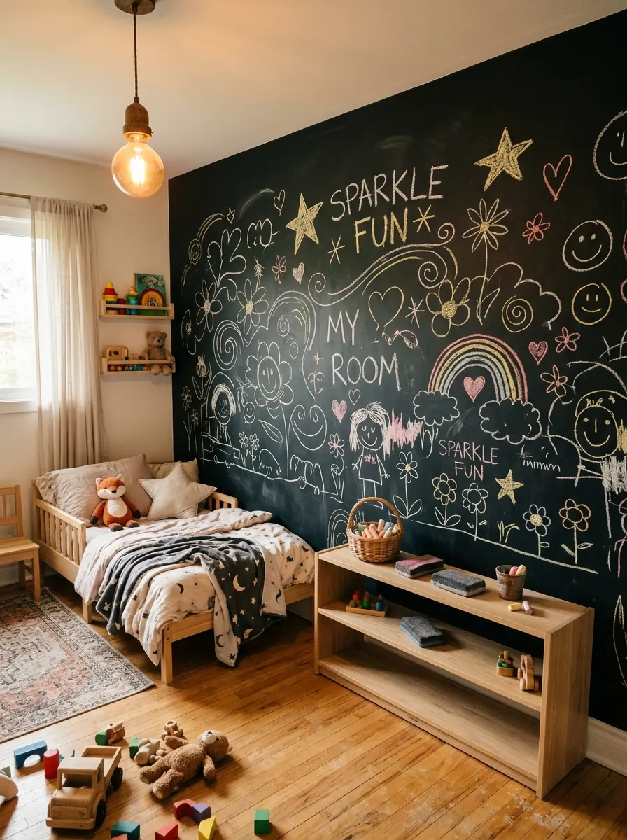 Kids bedroom chalkboard wall covered in colorful chalk art drawings with warm Edison lighting and oak floors