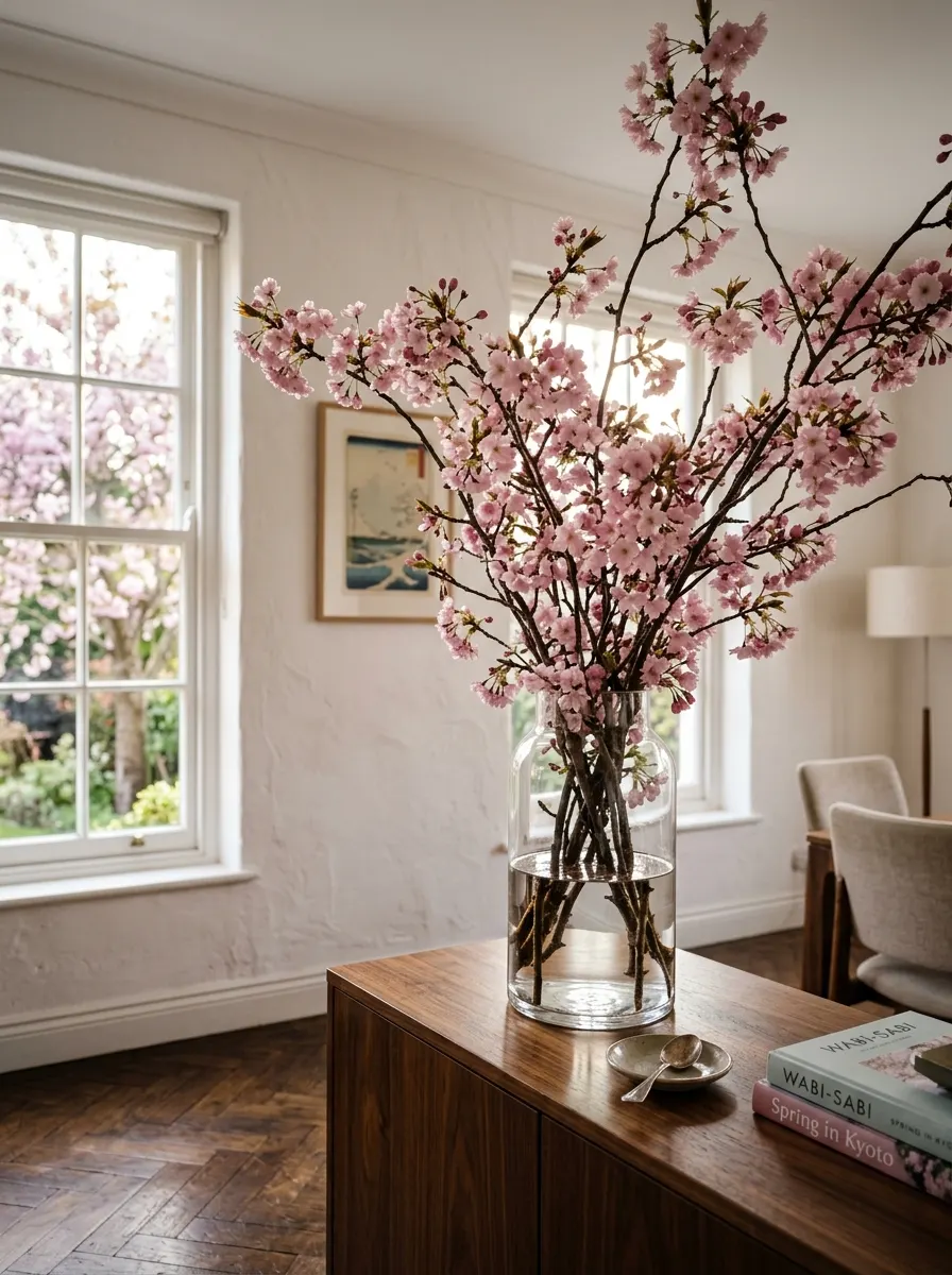 Tall glass vase filled with blooming cherry blossom branches on a wood cabinet near bright windows and seating.