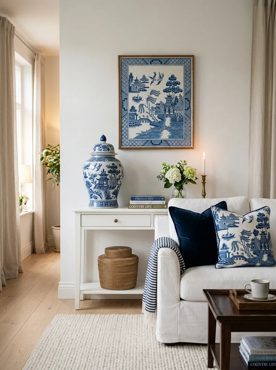 Blue and white chinoiserie ginger jar and panel art in an elegant white and blue living room
