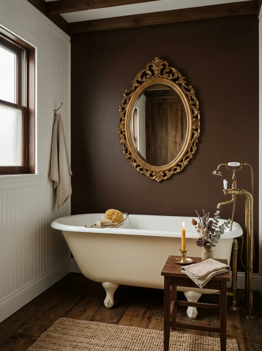 Deep chocolate brown accent wall with cream freestanding bathtub in a brown beige bathroom dramatic styling