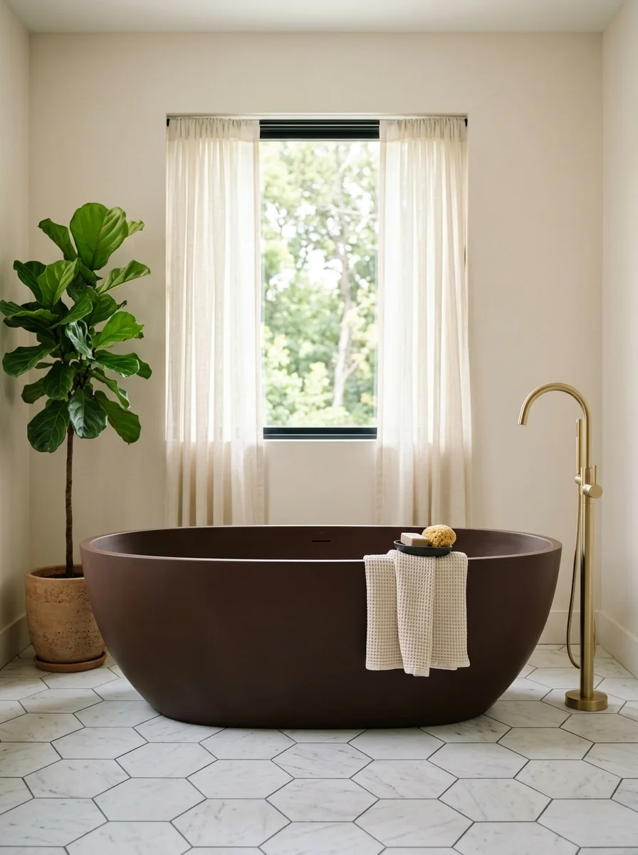 Deep chocolate brown matte freestanding tub centered in a beige room in a brown beige bathroom luxury setting