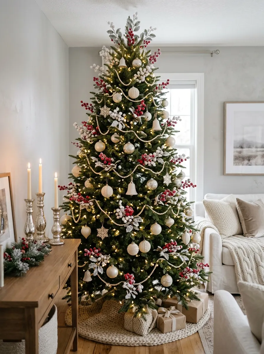 Festive tree adorned with white ornaments, frosted berry stems, bead garlands, and soft lighting in a bright room.