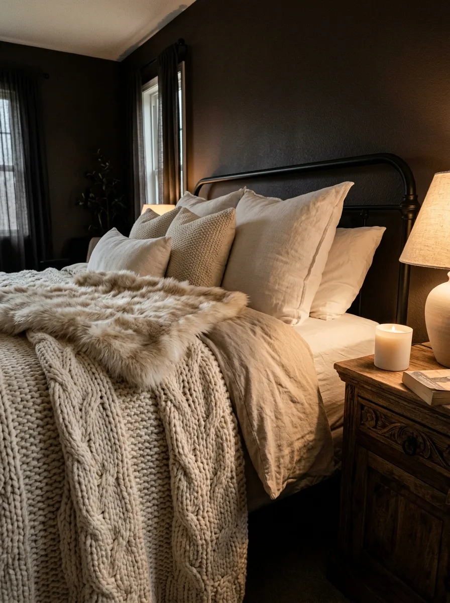 17 Dark Elegant Bedroom Ideas That Feel Cozy, Not Heavy 11 Dark espresso bedroom walls with ivory chunky knit throw and faux fur blanket layered on bed creating tactile cozy atmosphere