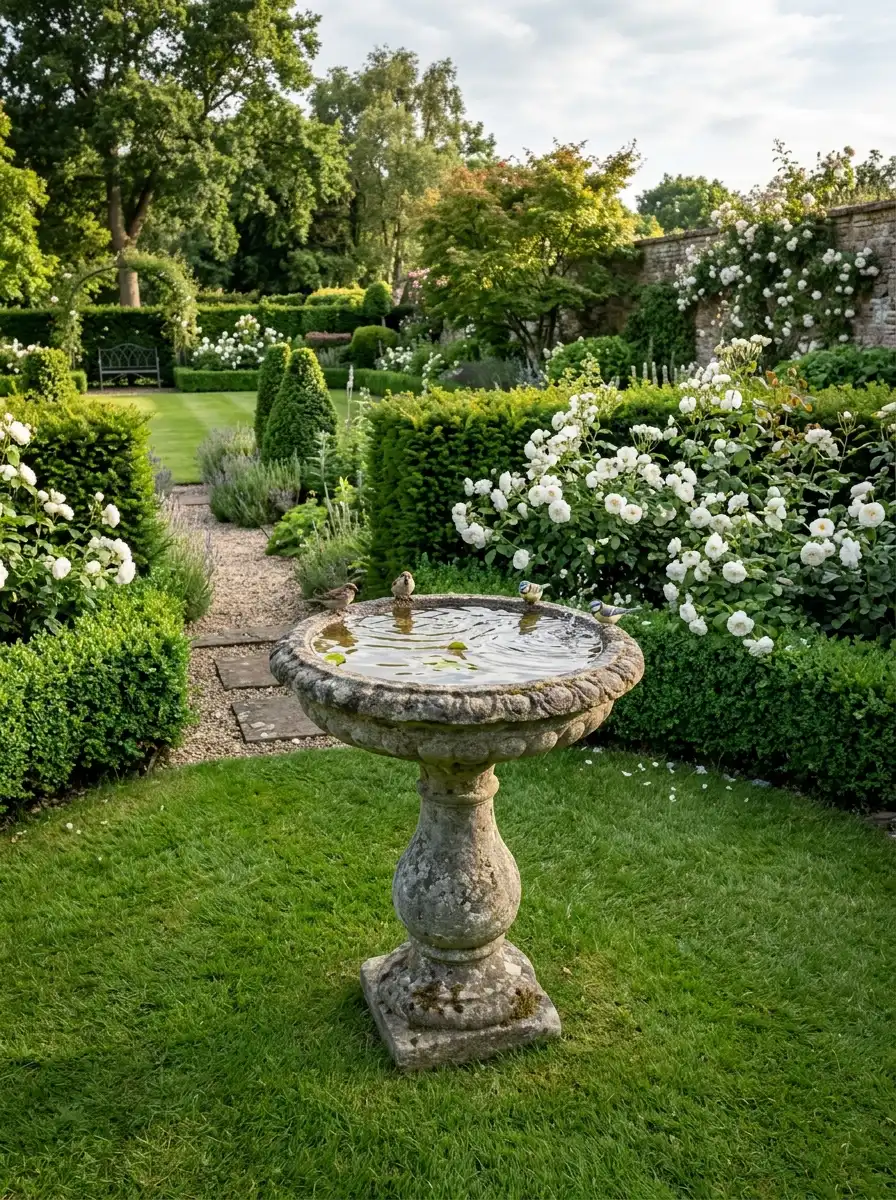 Traditional grey stone pedestal bird bath with water surrounded by white roses and green hedges in a formal garden