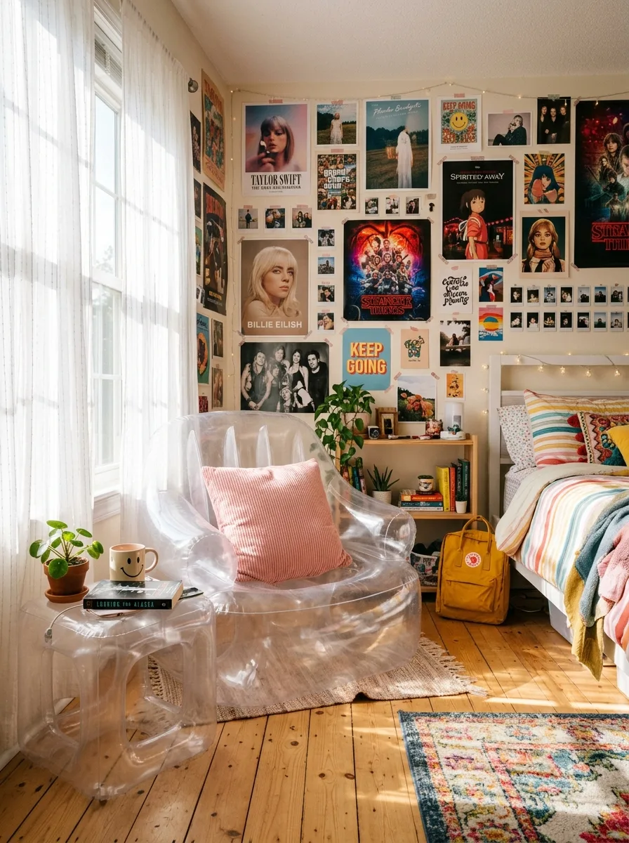 Clear inflatable chair with pink cushion in a bright sunlit teen bedroom with posters and light wood floor