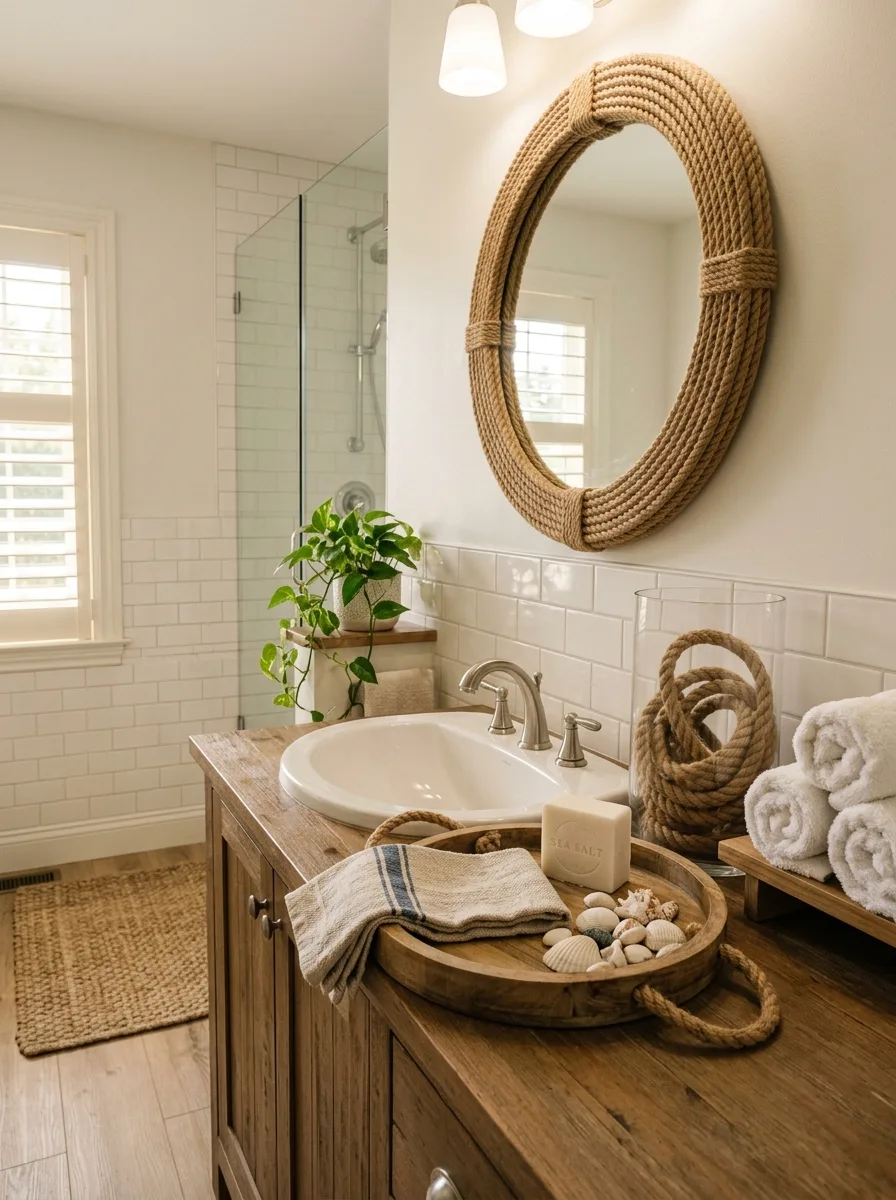 Coastal bathroom featuring a rope-framed mirror, wood vanity, white tile walls, rolled towels, and seashell decor.