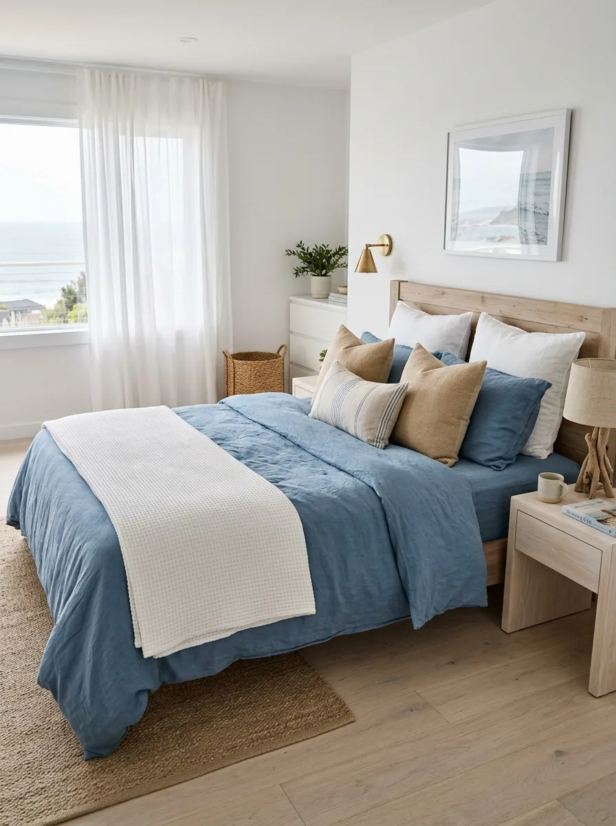 Serene bedroom with blue bedding, layered neutral pillows, light wood furniture, and ocean views through the window.