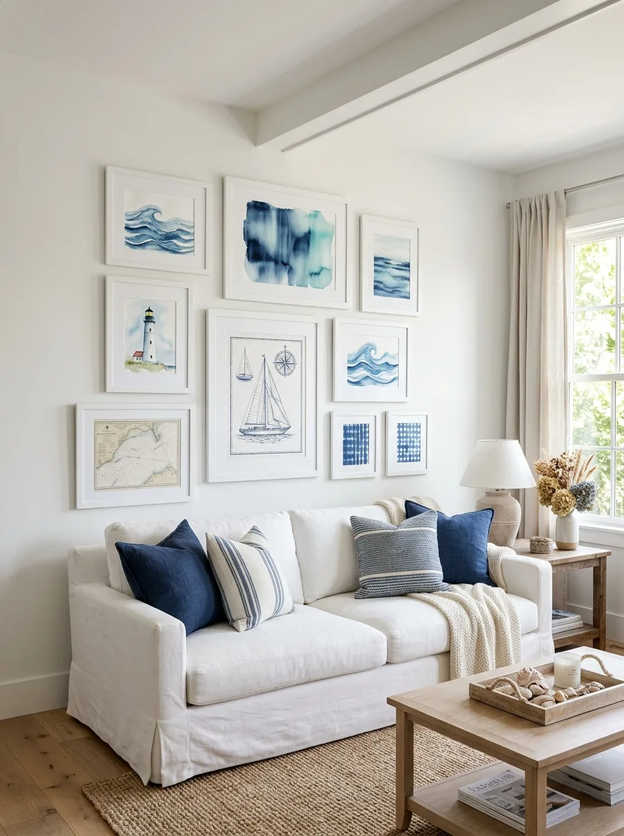 White framed coastal blue art gallery wall in a blue and white living room above a linen sofa