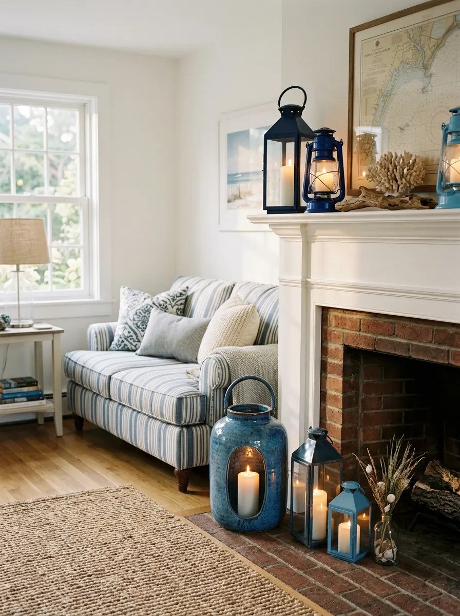 Mix of coastal blue lanterns with white candles styled in navy and white living room ideas decor scheme