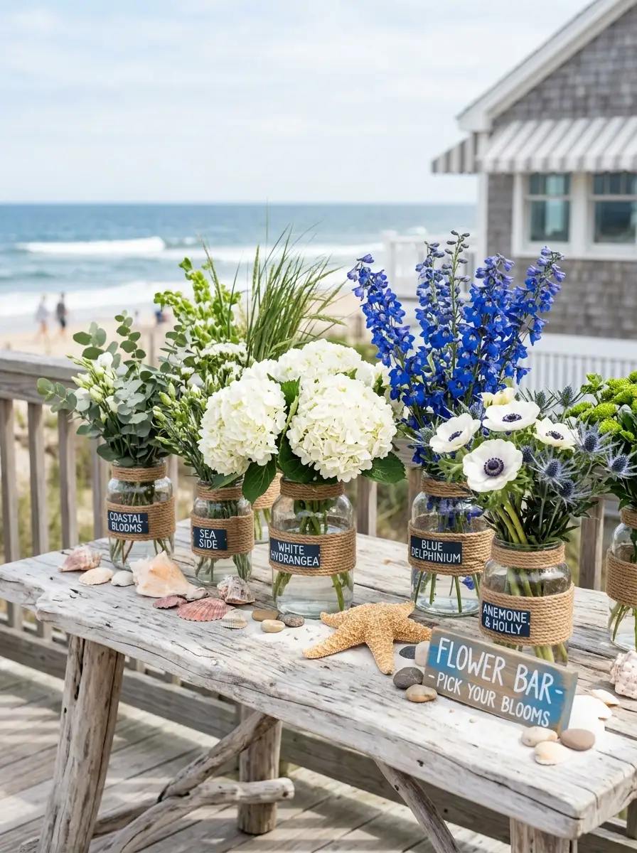 Coastal flower bar ideas with white hydrangeas and blue delphiniums in rope-wrapped glass vases on a driftwood table