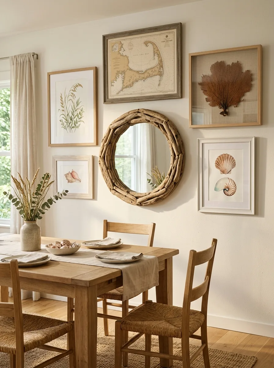 Dining room with wooden table, woven chairs, coastal artwork gallery wall, and decorative driftwood-framed mirror.