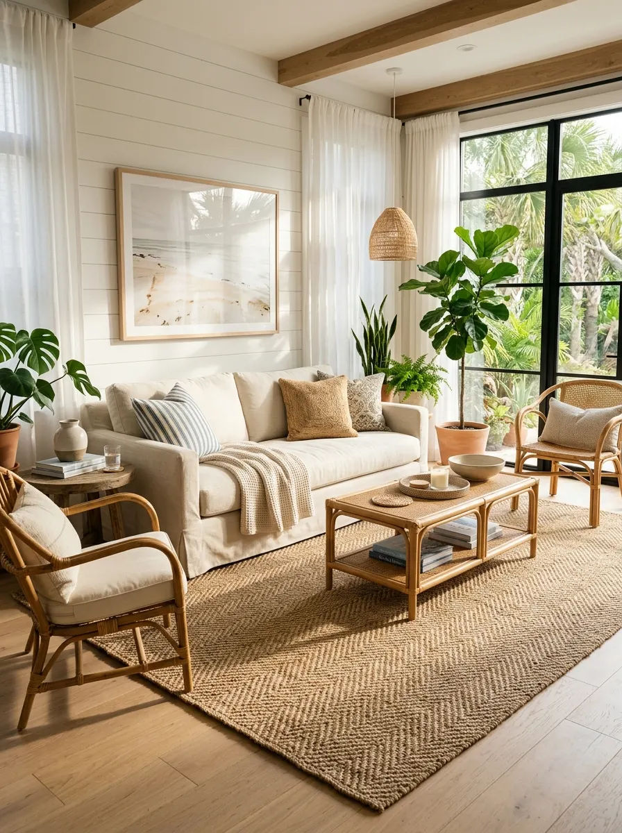 Airy living room featuring rattan chairs, cream sofa, woven rug, indoor plants, and large black-framed windows.
