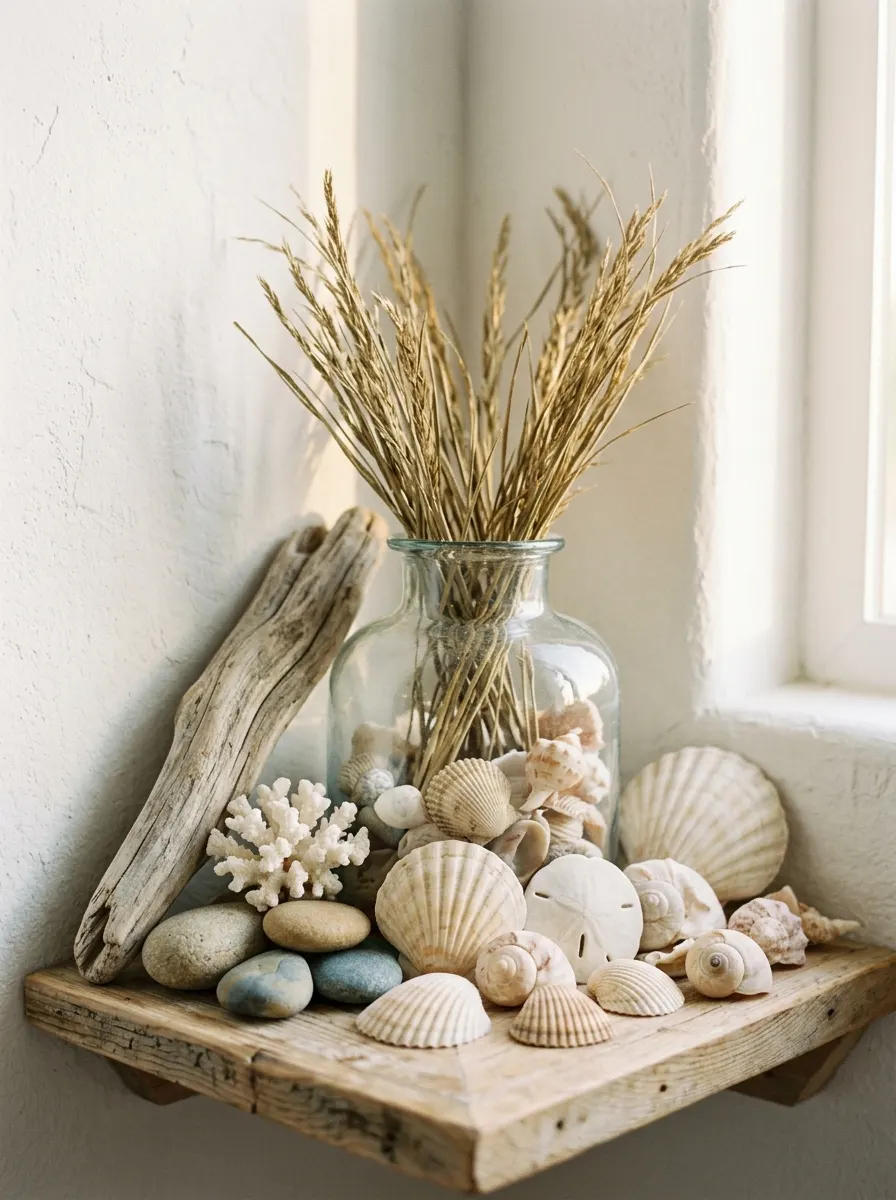 Decorative shelf arrangement with seashells, driftwood, dried grasses, coral accents, and smooth coastal stones.