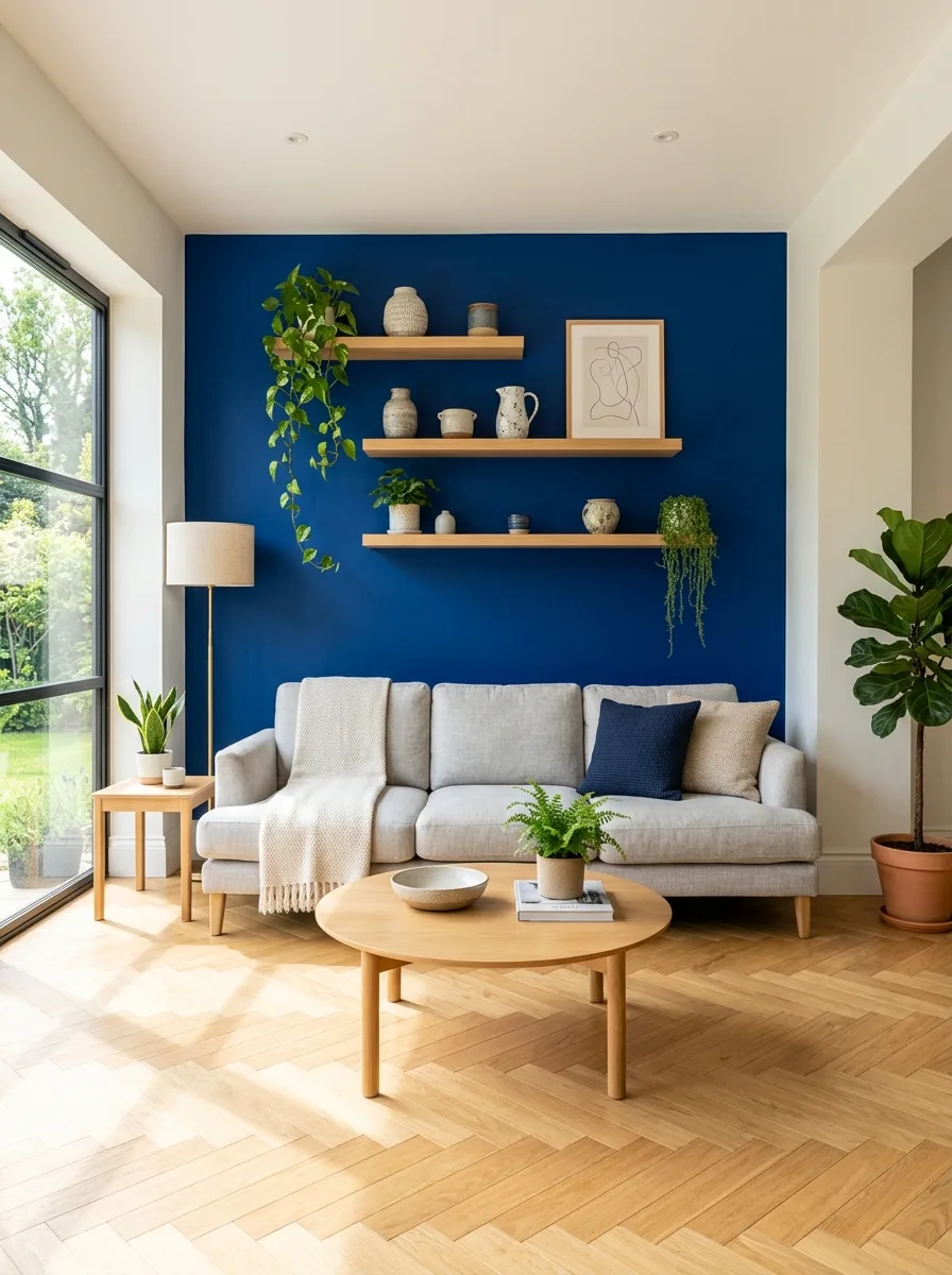 Cobalt blue accent wall in a minimalist living room with grey sofa and oak herringbone flooring