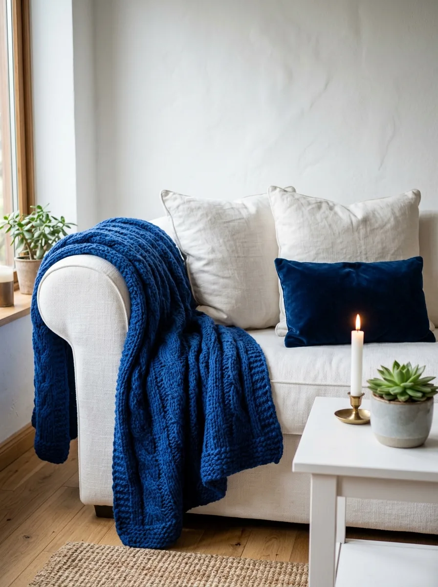 Chunky cobalt blue throw blanket draped over white sofa in navy and white living room ideas setting