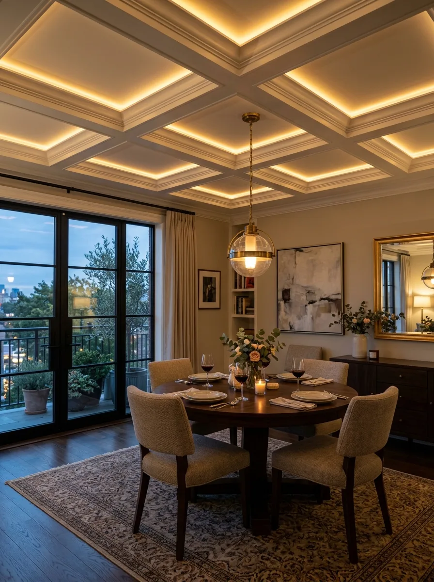 Dining room with a white coffered ceiling and warm LED recessed lighting showcasing elegant ceiling design ideas