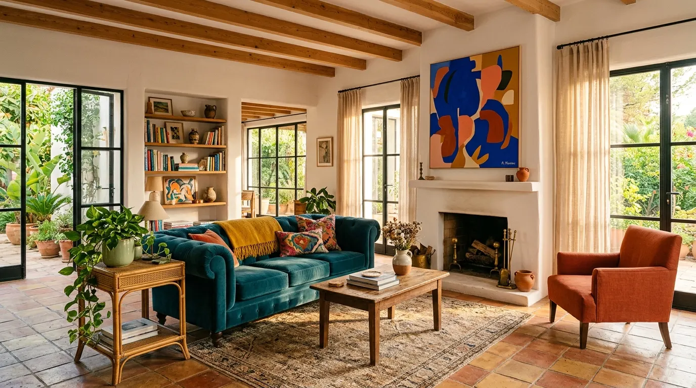 20 Colorful Living Room Ideas That Made Us Rethink Color Completely 24 Colorful living room ideas featuring teal sofa, burnt orange chair, mustard pillows and abstract art