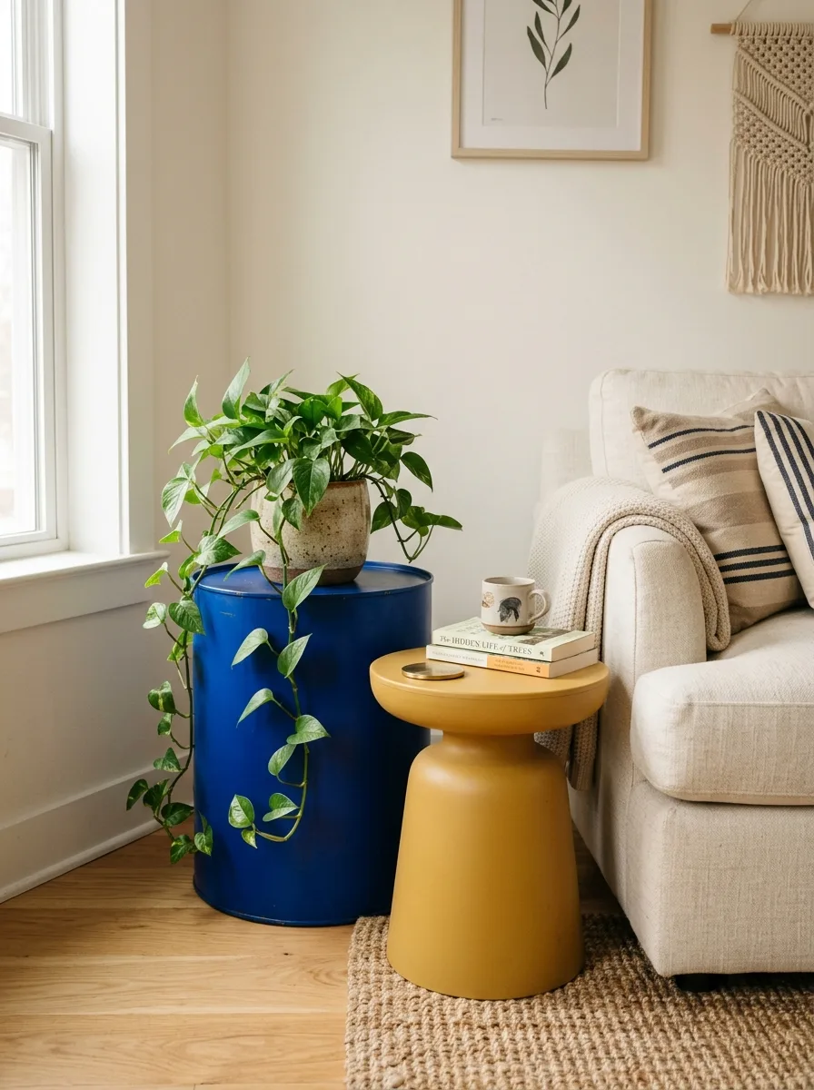 Cobalt blue and mustard yellow side tables beside a cream sofa in a bright neutral living room