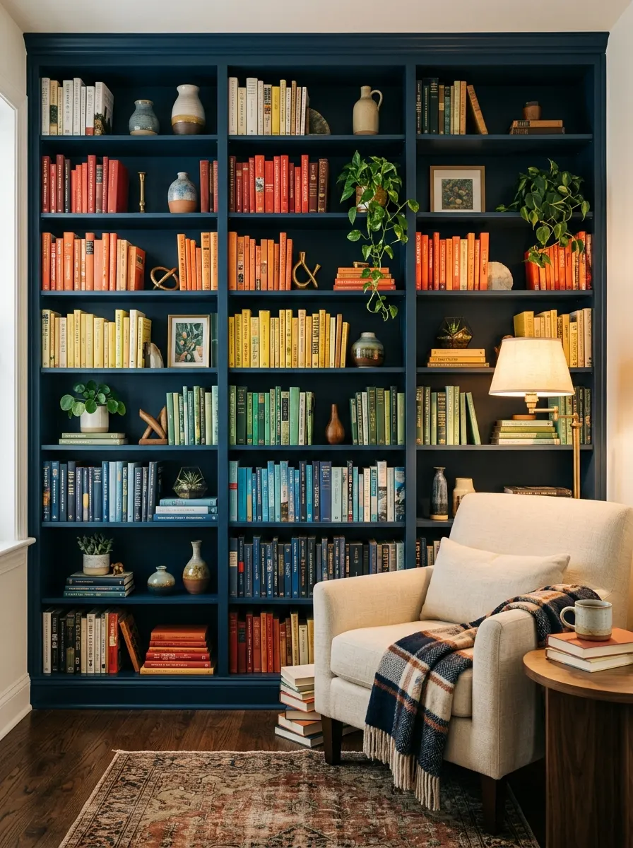 Deep navy built-in bookshelf styled with color-organized books and ceramic objects in a cozy living room