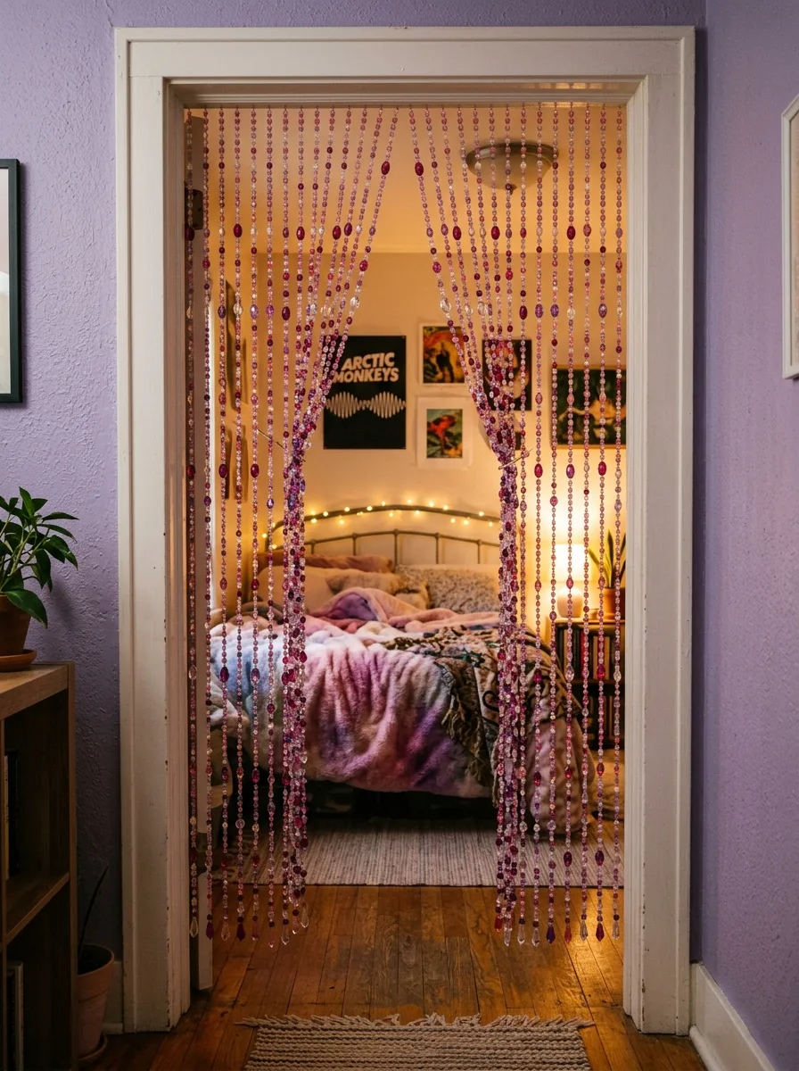 Colorful pink purple and crystal beaded curtain hanging in teen bedroom doorway with warm fairy light glow inside