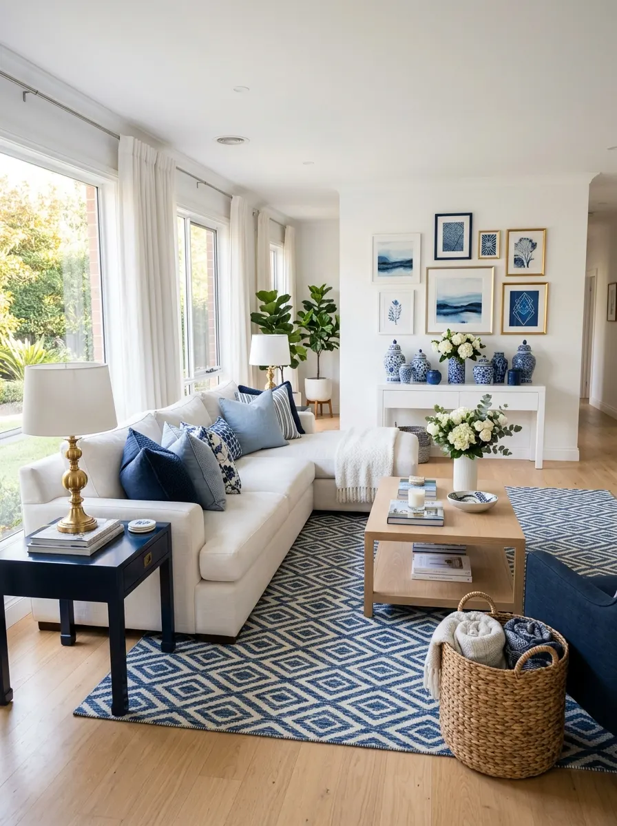 Full blue and white living room design with navy sofa, gallery wall, geometric rug and blue ceramics