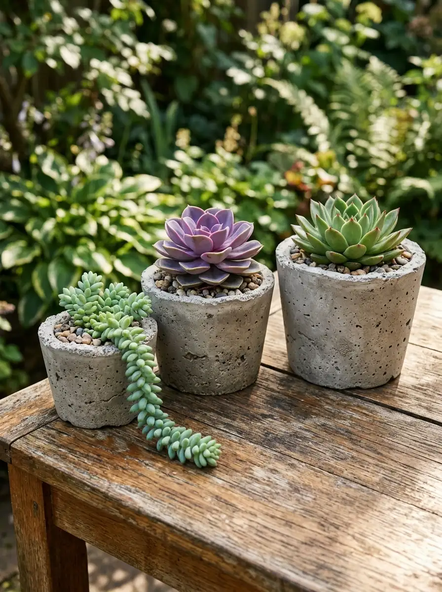 Three concrete planters filled with colorful succulents displayed on a weathered wooden table in a garden setting.