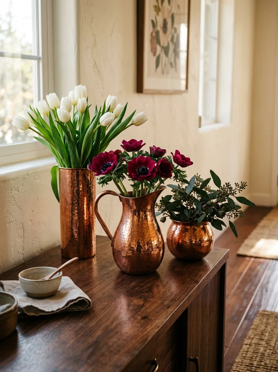 Hammered copper vessels displaying white tulips, burgundy flowers, and greenery on a wooden sideboard.