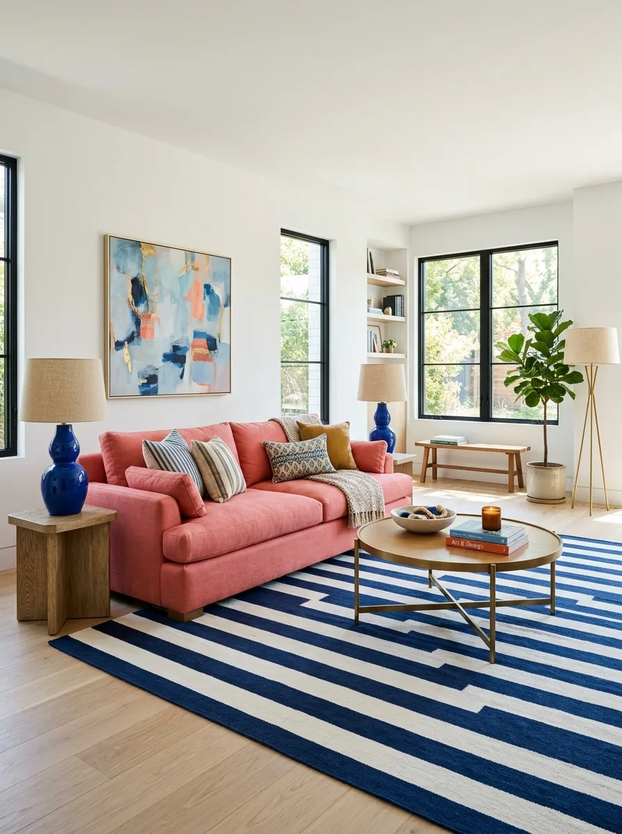 Coral linen sofa paired with cobalt blue lamps and striped rug in a bright modern living room
